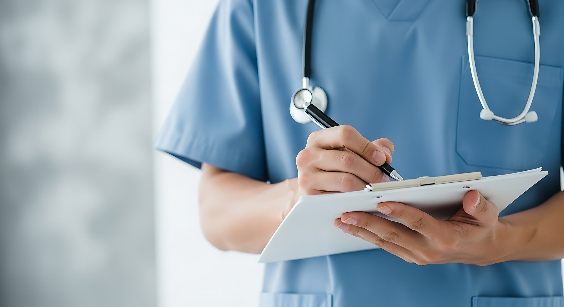 Nurse wearing stethoscope with clipboard making notes